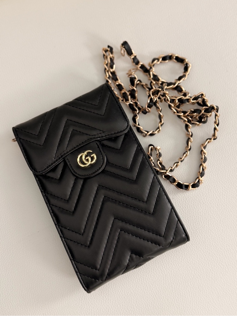 Black Quilted Crossbody Phone Bag with Chain Strap